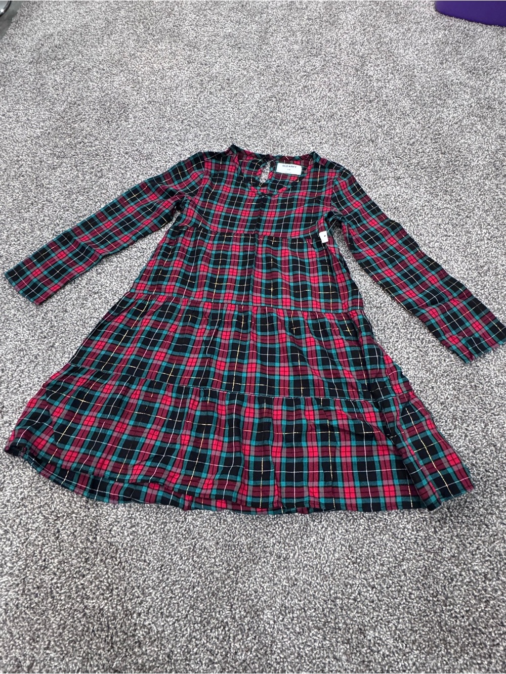 Old Navy Red & Green Plaid Long-Sleeve Tiered Dress